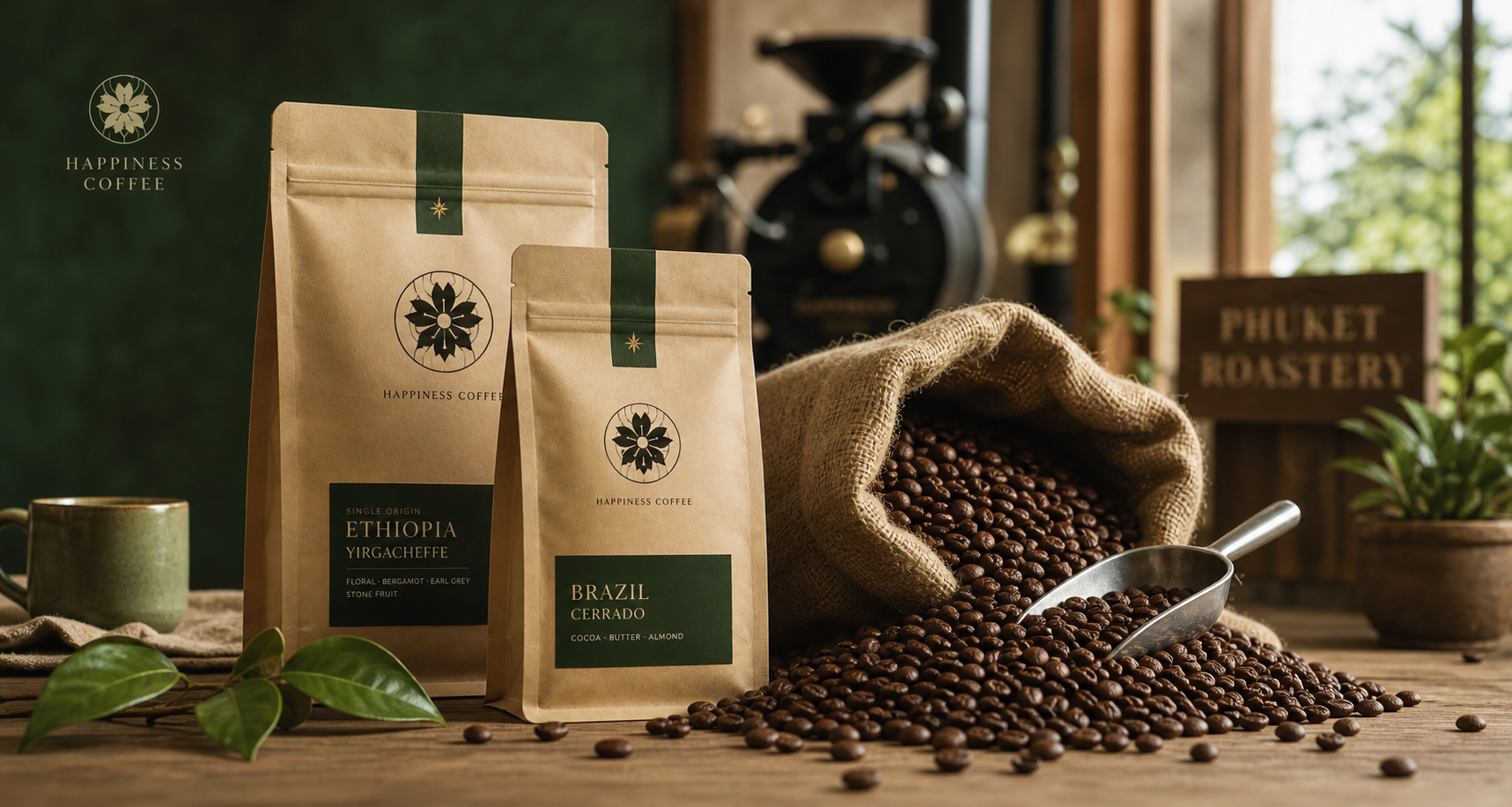 Fresh roasted coffee beans and Happiness Coffee bags